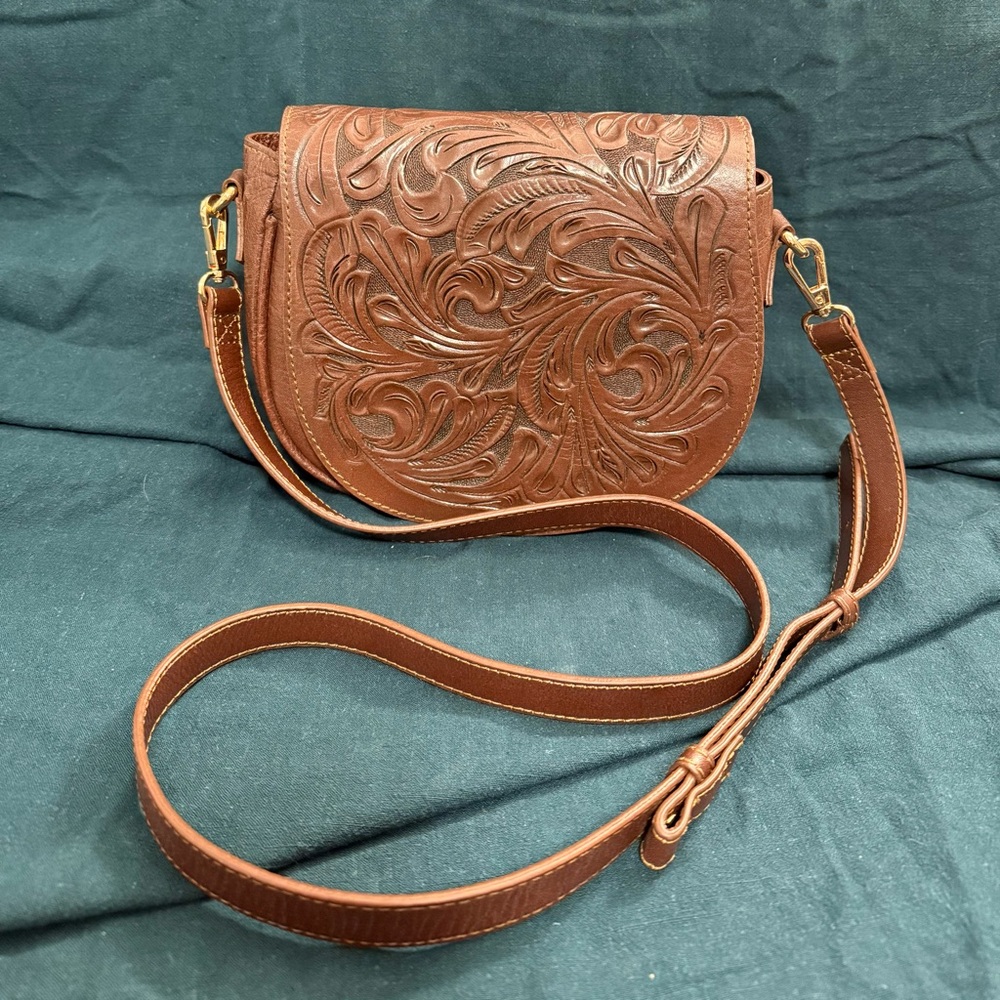 Brown Tooled Leather Crossbody Bag - Elegant Floral Design
